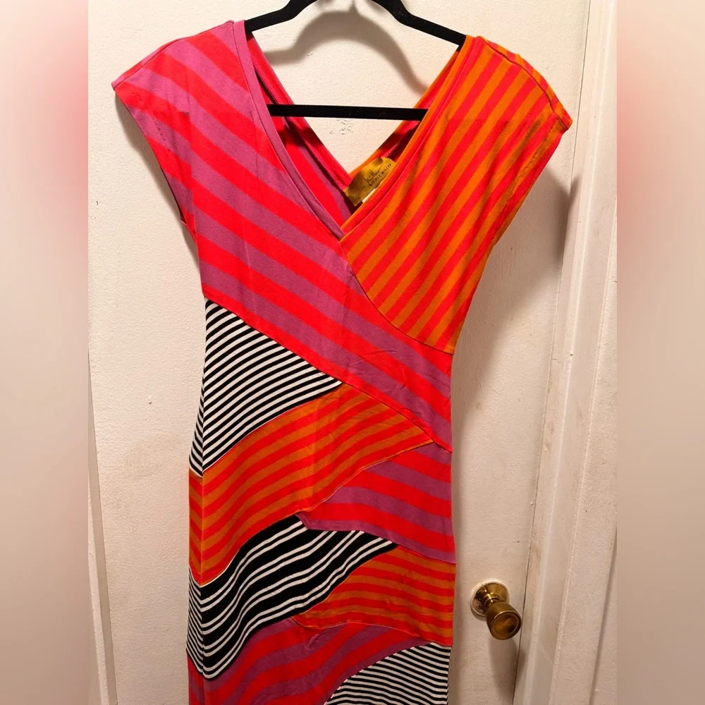 Nicole Miller Pink and Orange Striped Midi Dress - Picture 3 of 5